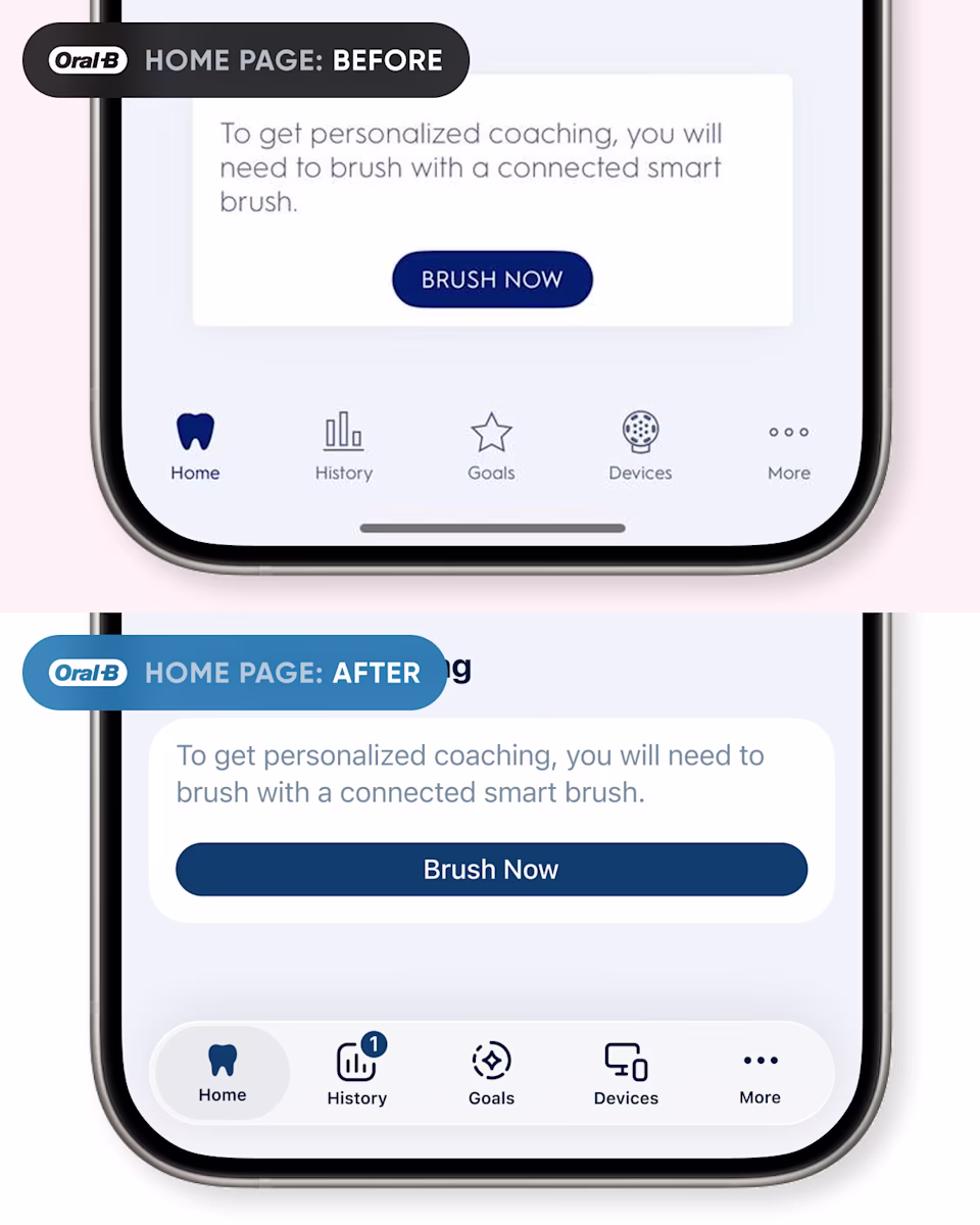 Oral-B home page before and after: the Brush Now card with a small button, and the redesigned card with a full-width button.