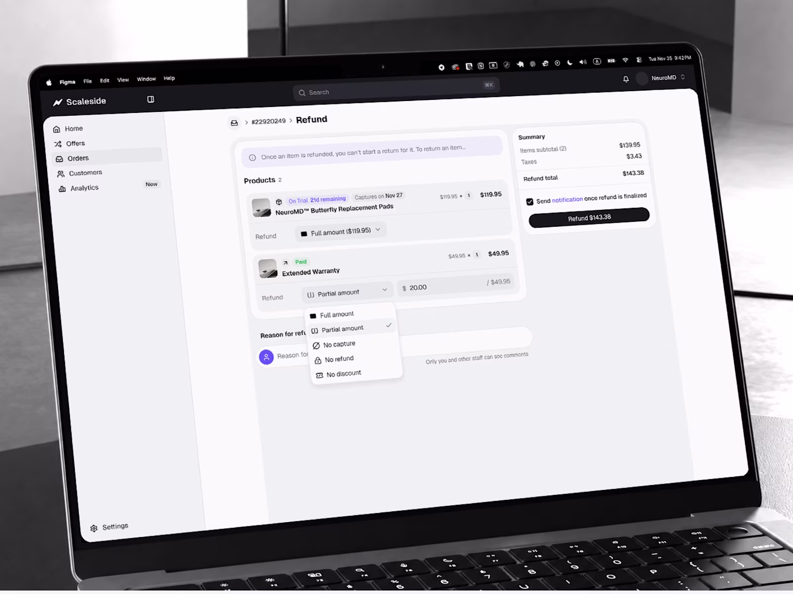 Scaleside refund flow on a laptop: partial refund per product with order summary.