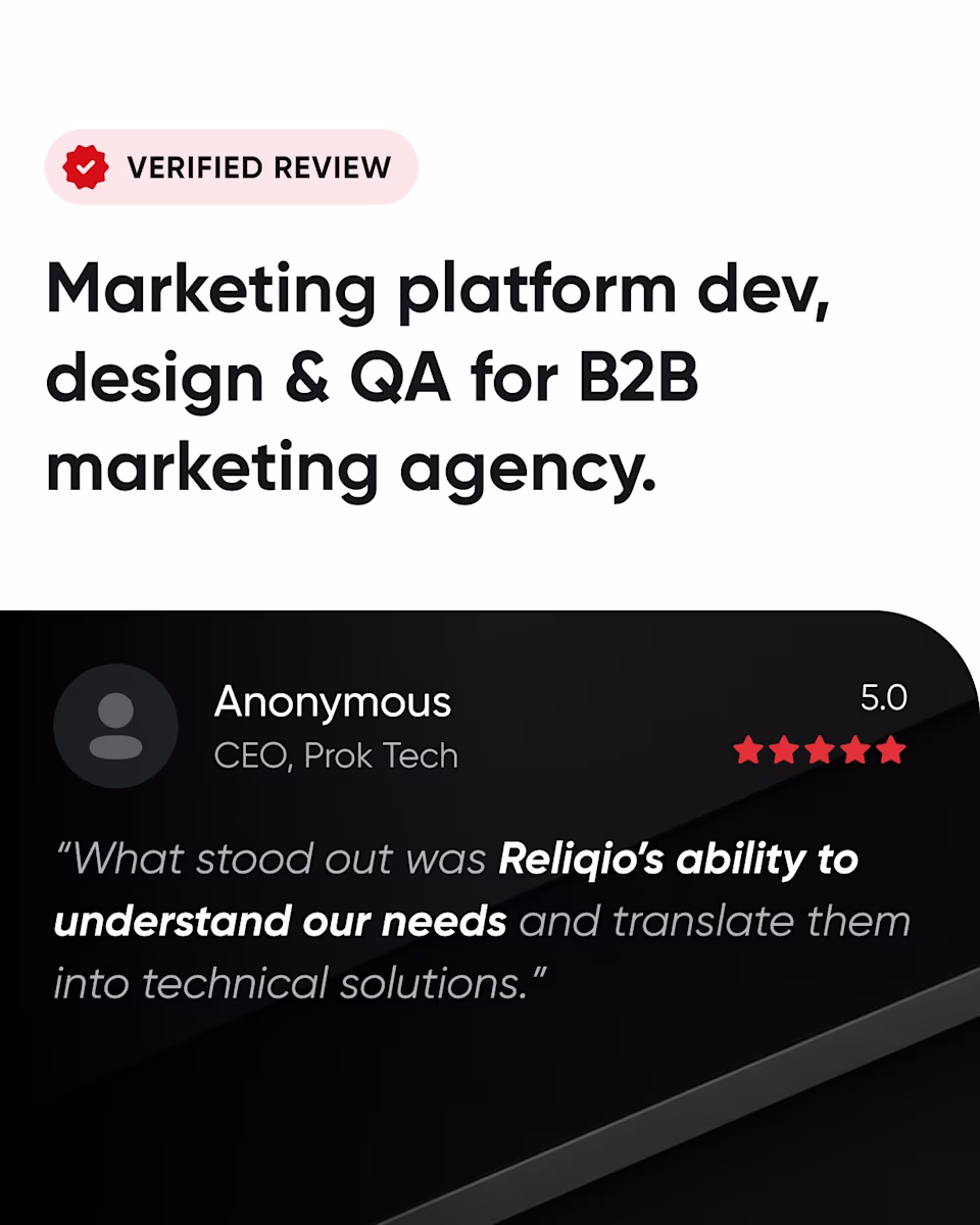 Verified Clutch review for marketing platform development, design, and QA for a B2B marketing agency. The CEO of Prok Tech, 5.0: “What stood out was Reliqio’s ability to understand our needs and translate them into technical solutions.”
