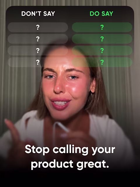 Valeria from Reliqio under an empty "Don't say / Do say" table, with the title "Stop calling your product great."