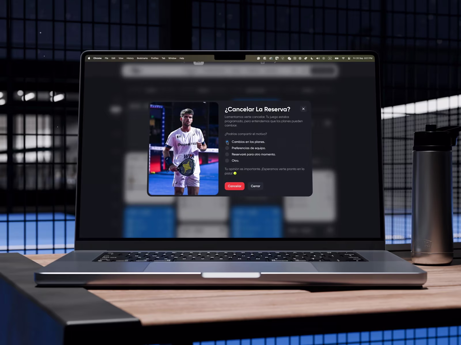 The improved Padel Mixto cancellation flow shown on a laptop courtside.