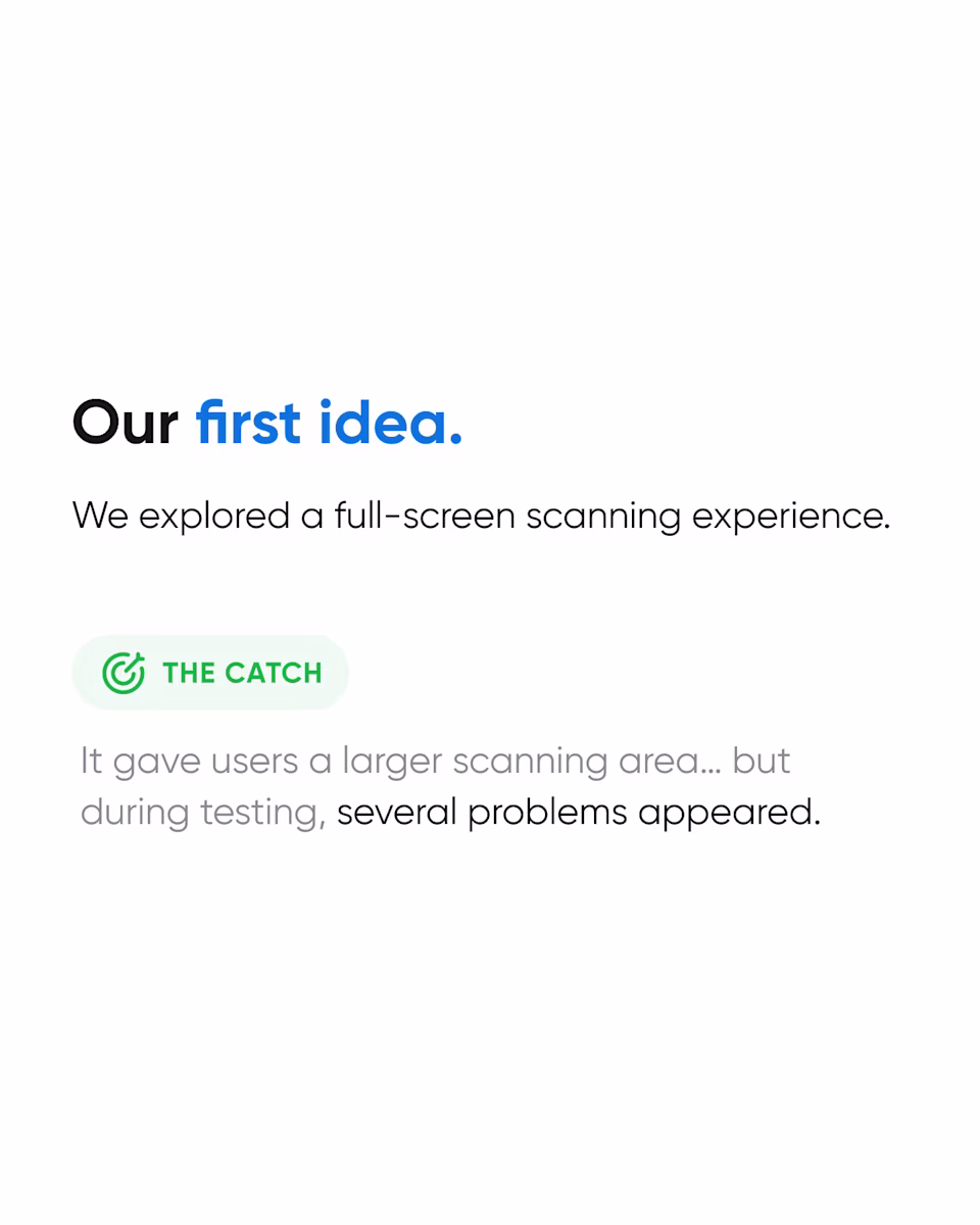 Our first idea: a full-screen scanning experience. It gave users a larger scanning area, but testing showed several problems.