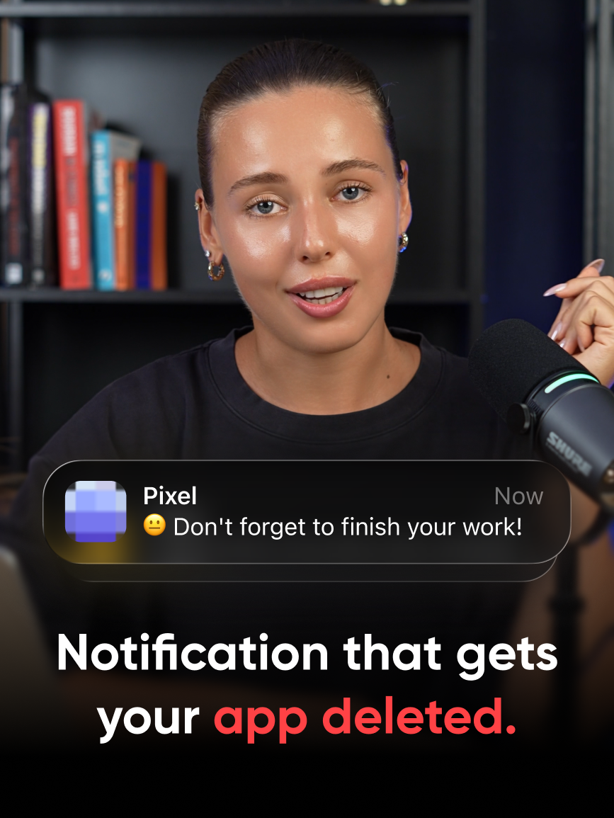Valeria from Reliqio at a podcast microphone beside a notification reading "Don't forget to finish your work!", with the title "Notification that gets your app deleted."