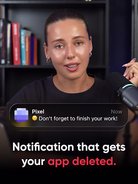 Valeria from Reliqio at a podcast microphone beside a notification reading "Don't forget to finish your work!", with the title "Notification that gets your app deleted."