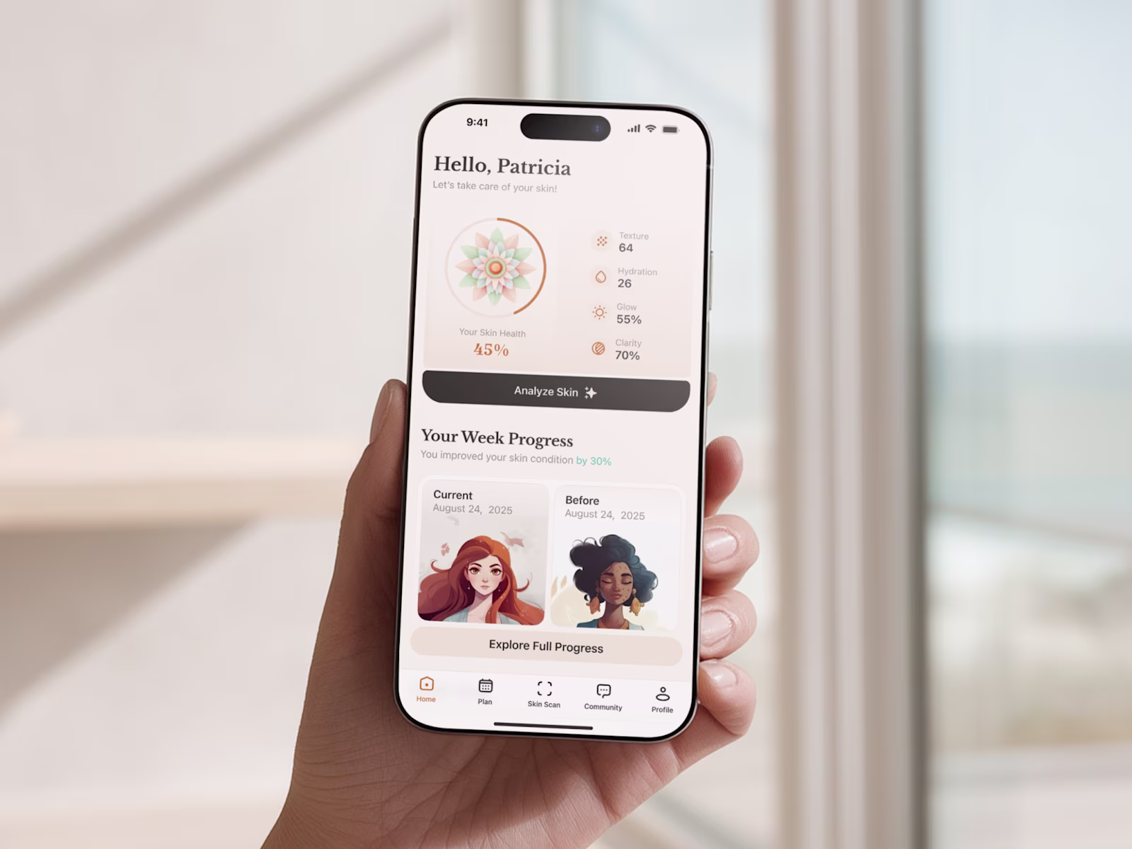 The AI Skin dashboard with overall skin score and weekly progress, held in one hand.