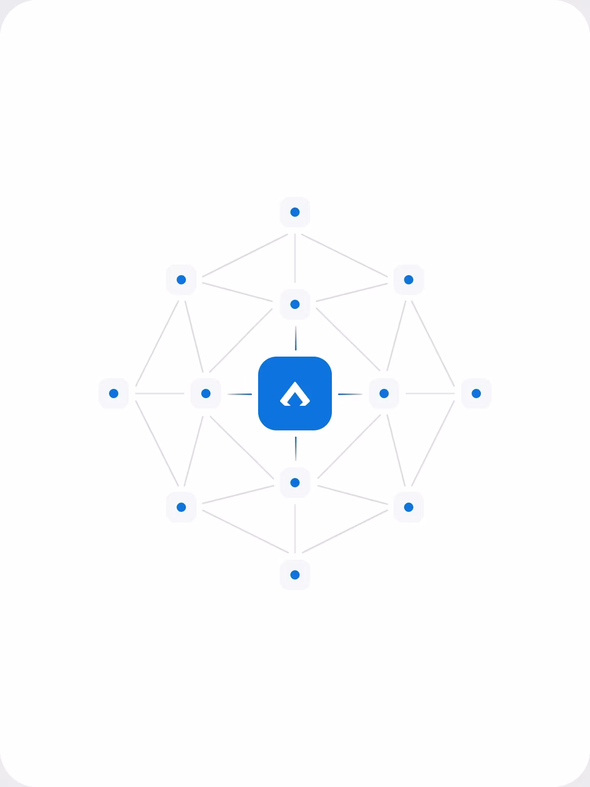 A radial network of nodes converging on the Reliqio mark at its centre