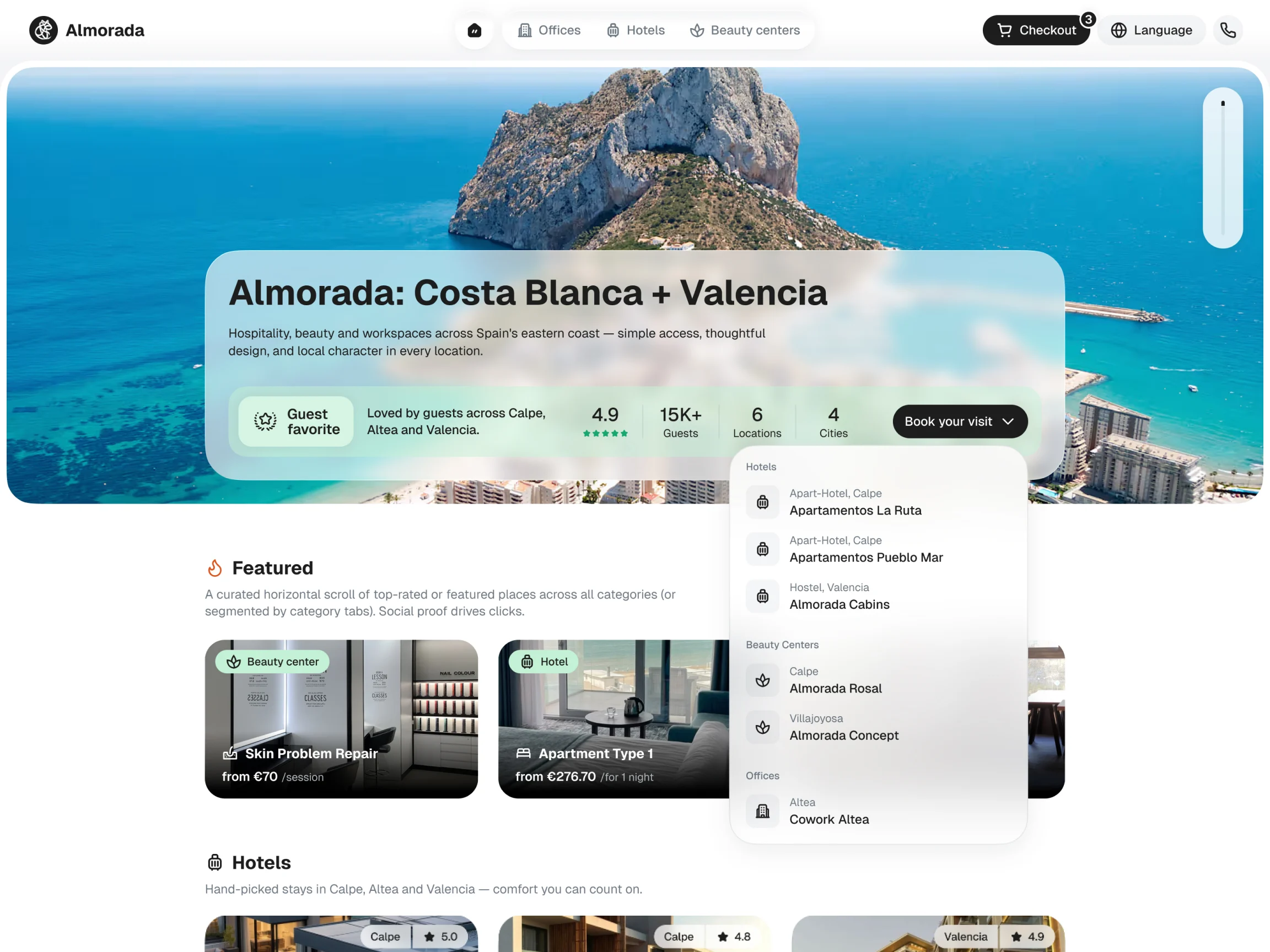 The Almorada home page for Costa Blanca and Valencia, with featured stays and the category menu open.