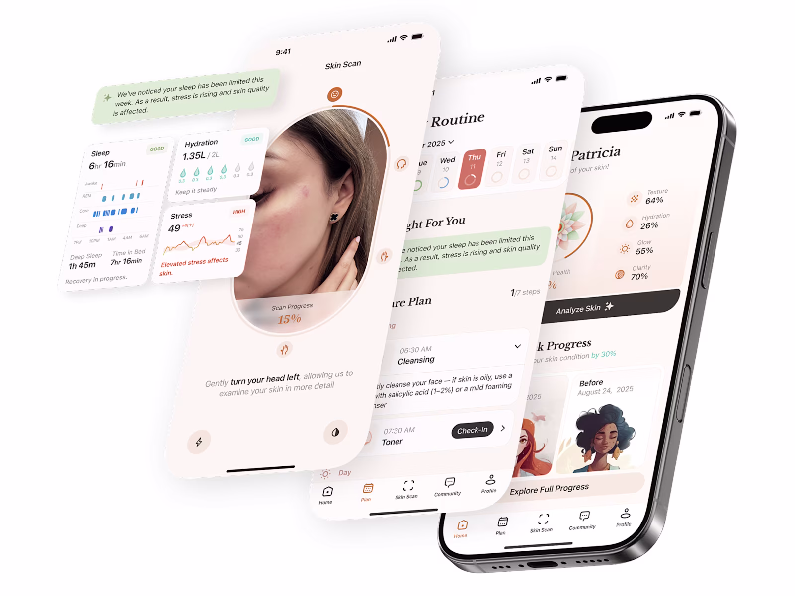 AI Skin screens fanned out — dashboard, routine, scan and progress.
