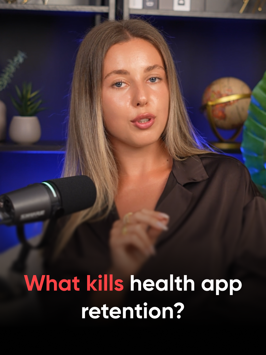 Valeria from Reliqio at a podcast microphone, with the title "What kills health app retention?"
