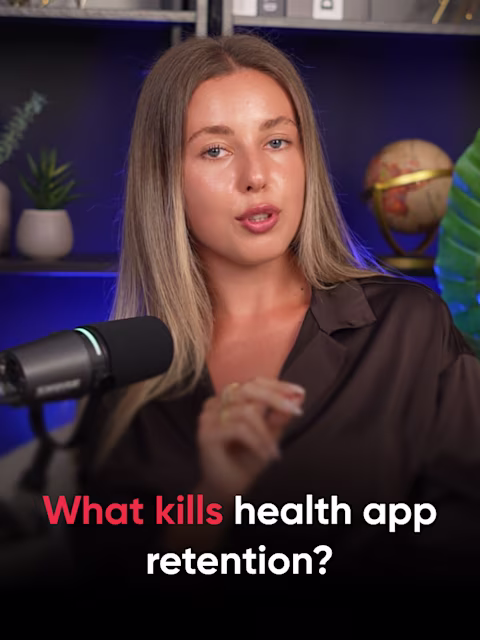 Valeria from Reliqio at a podcast microphone, with the title "What kills health app retention?"