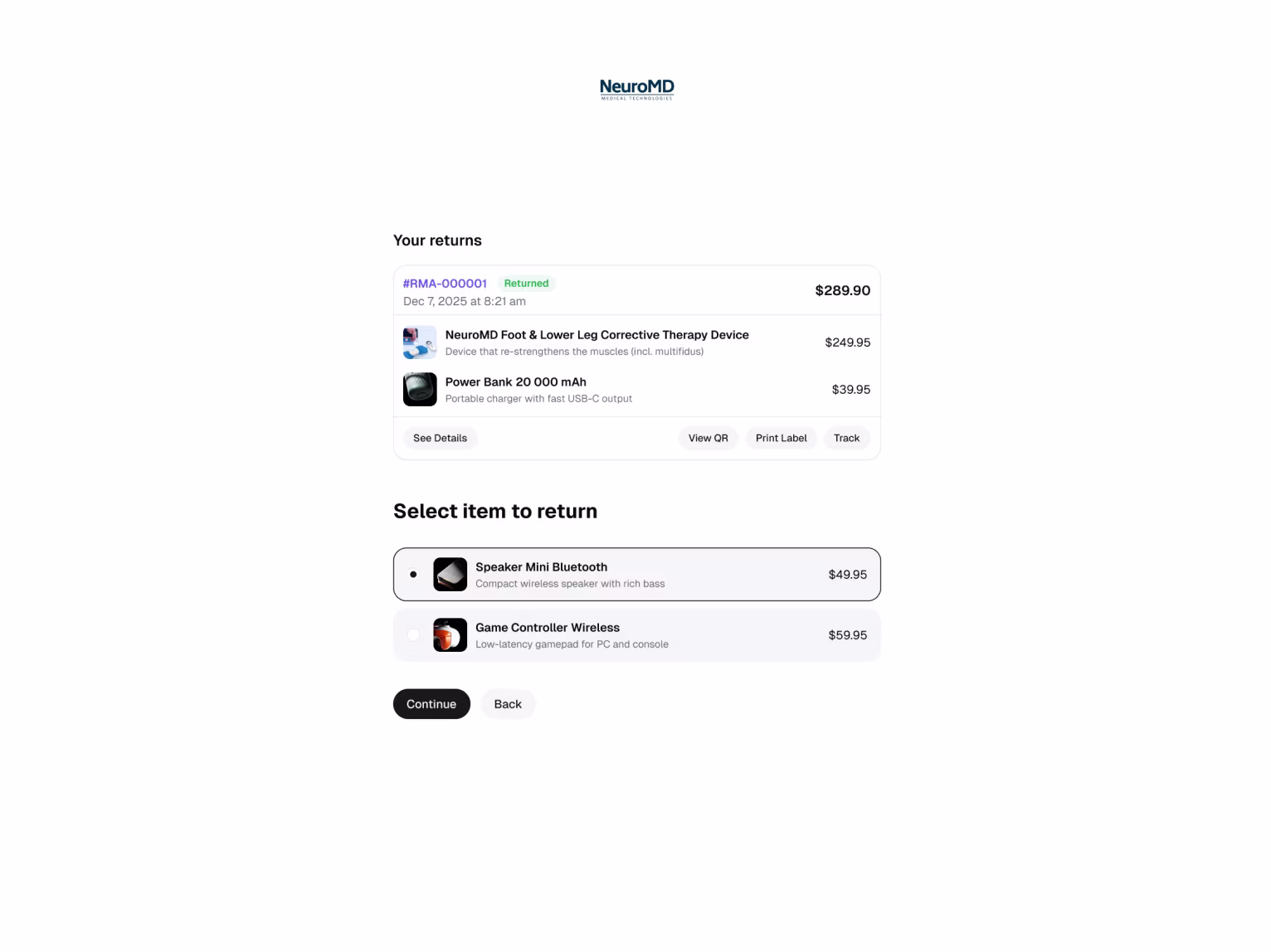 Scaleside customer returns portal: select which item to return.