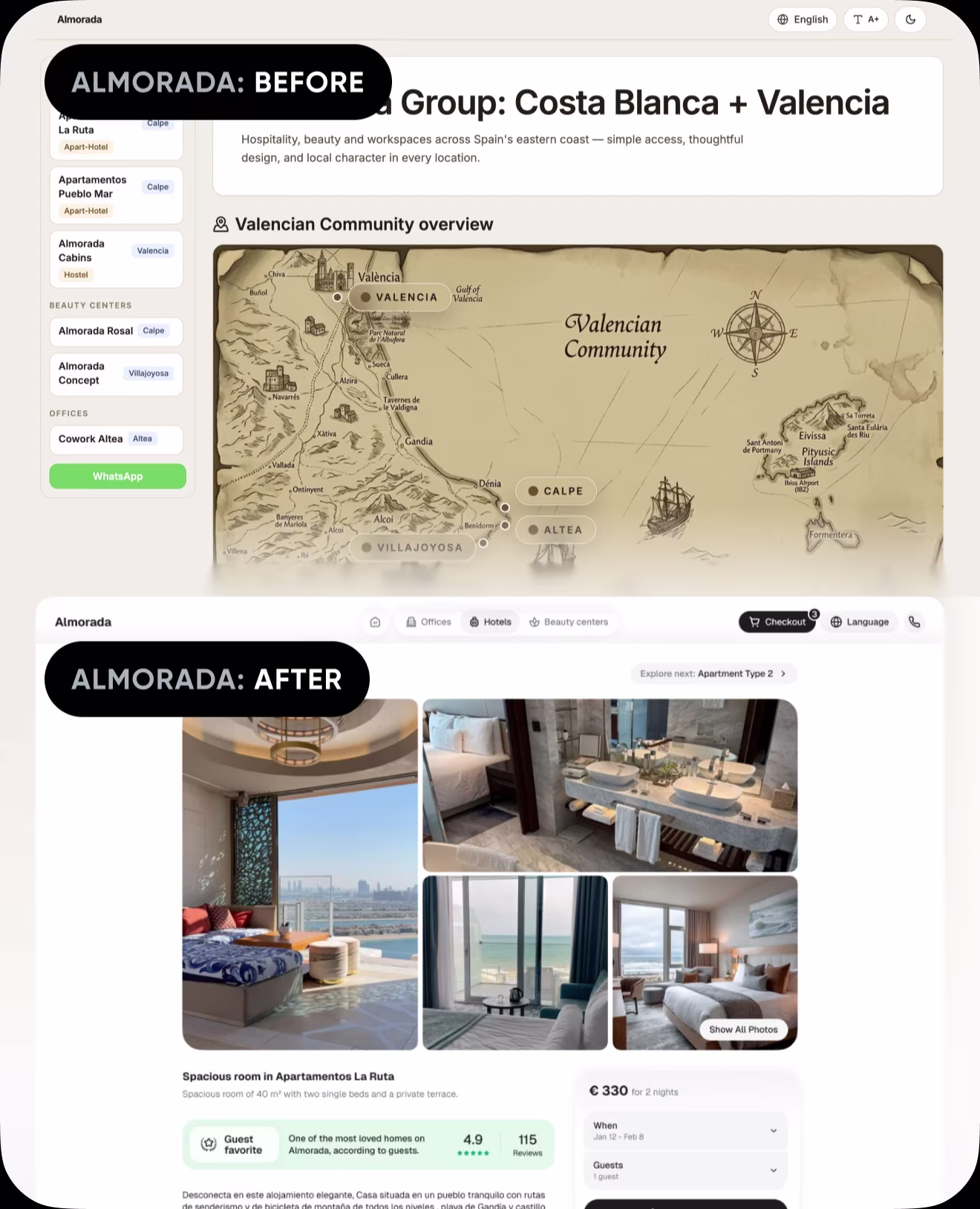 The Almorada booking platform before and after the Reliqio redesign