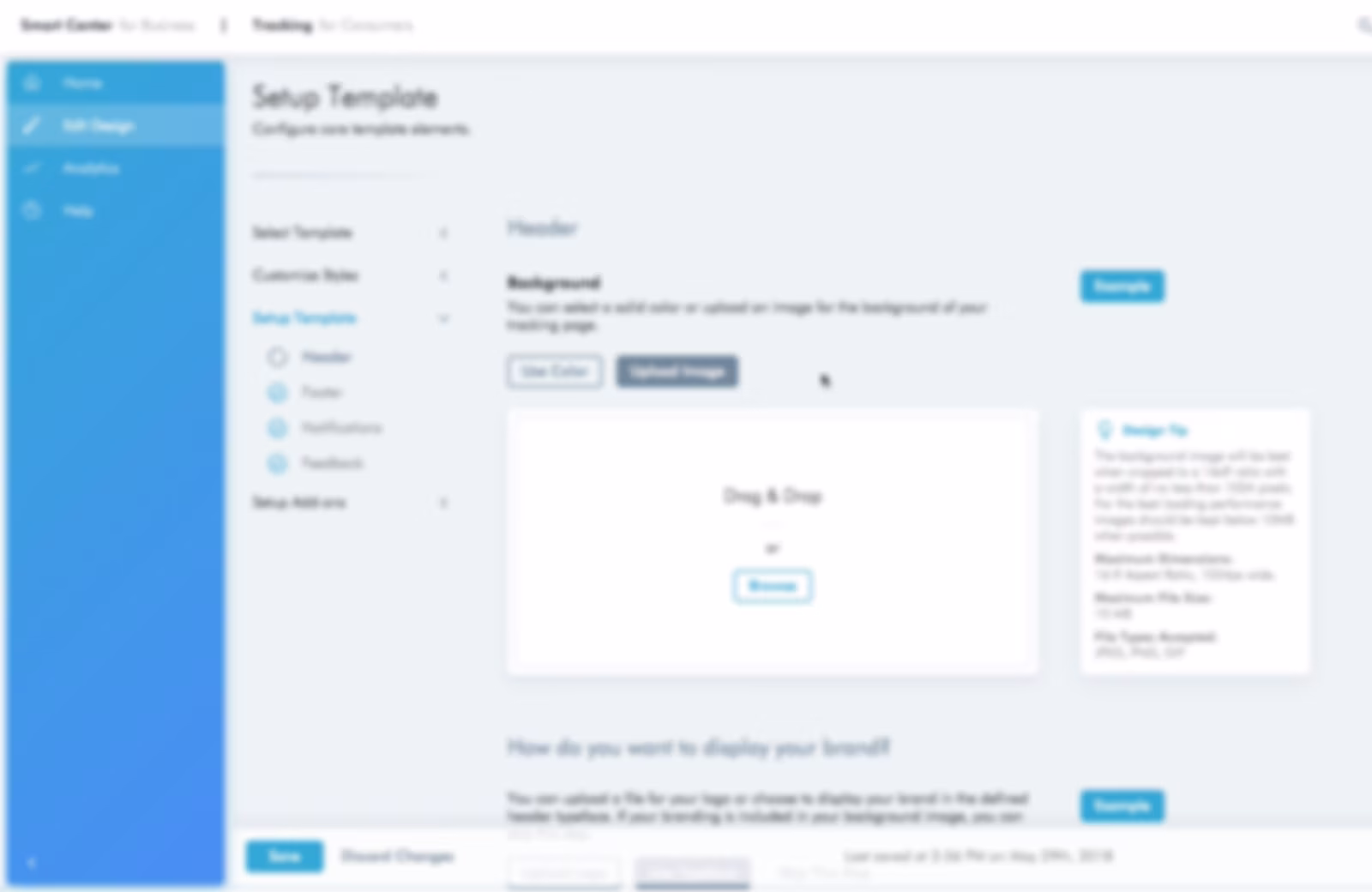 The NGS template setup screen for the header background, blurred for confidentiality