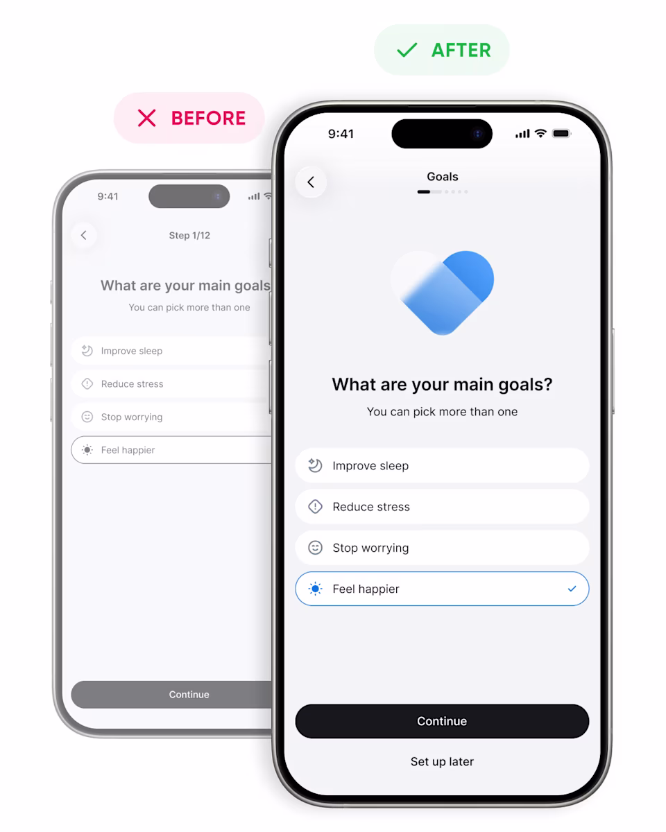 Before and after: the original goals screen next to the redesign, with a progress bar, a heart illustration, a highlighted answer, and a “Set up later” link.