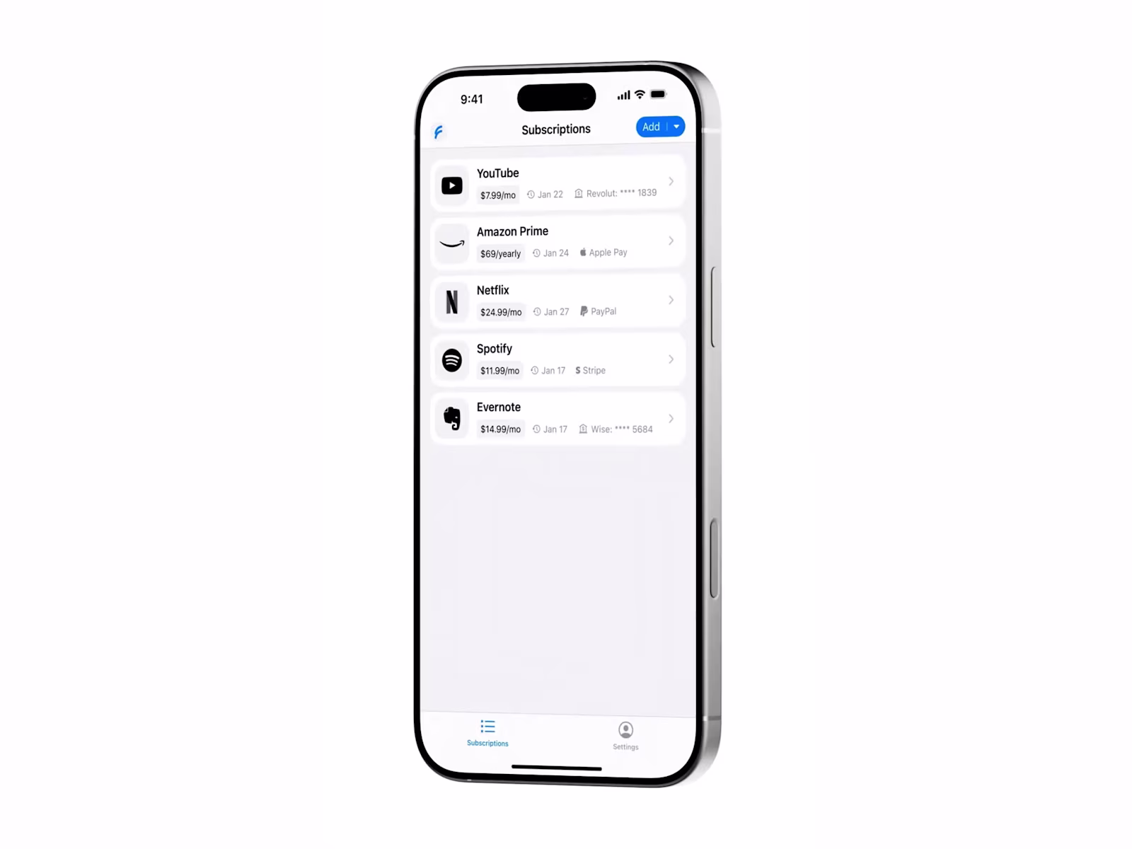 The Feenko subscriptions list on an iPhone: YouTube, Amazon Prime, Netflix, Spotify and Evernote