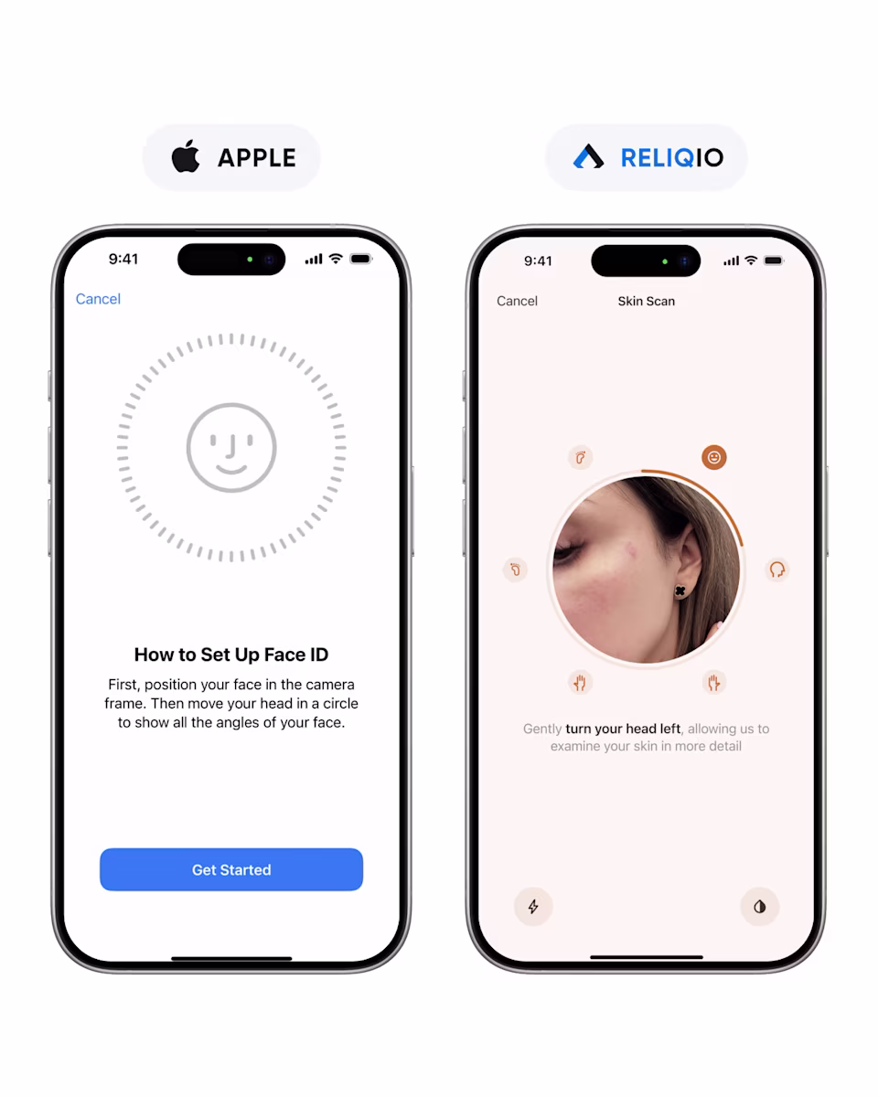 Apple’s Face ID setup screen beside Reliqio’s circular skin scan on two iPhones.