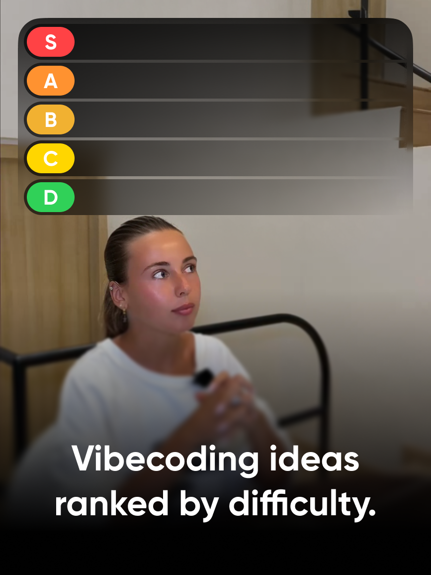 Valeria from Reliqio under an empty S-to-D ranking board, with the title "Vibecoding ideas ranked by difficulty."