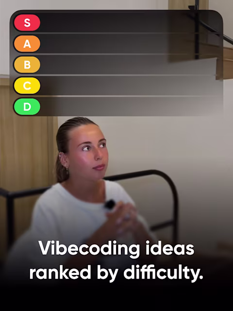 Valeria from Reliqio under an empty S-to-D ranking board, with the title "Vibecoding ideas ranked by difficulty."