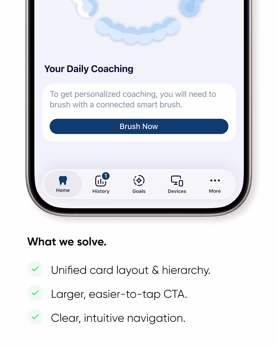 What we solved on the home page: a unified card layout and hierarchy, a larger, easier-to-tap button, and clear navigation.