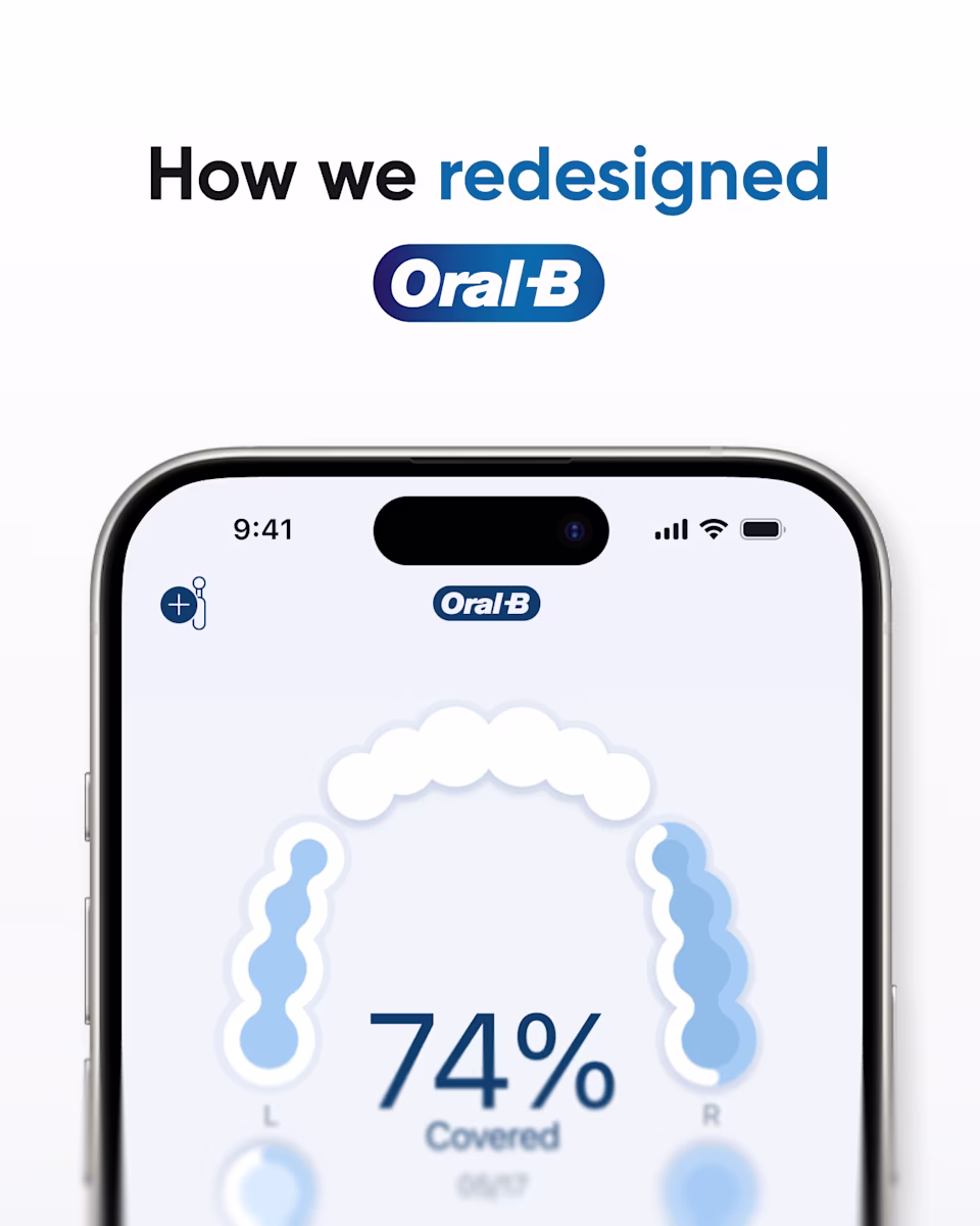 Title slide: “How we redesigned Oral-B,” with the Oral-B app’s brushing coverage screen at 74% on an iPhone.