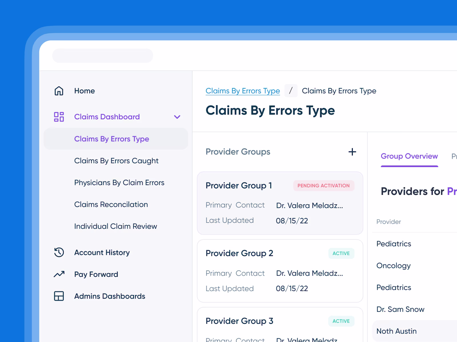 The FMD claims dashboard: provider groups and their providers, listed by claim error type