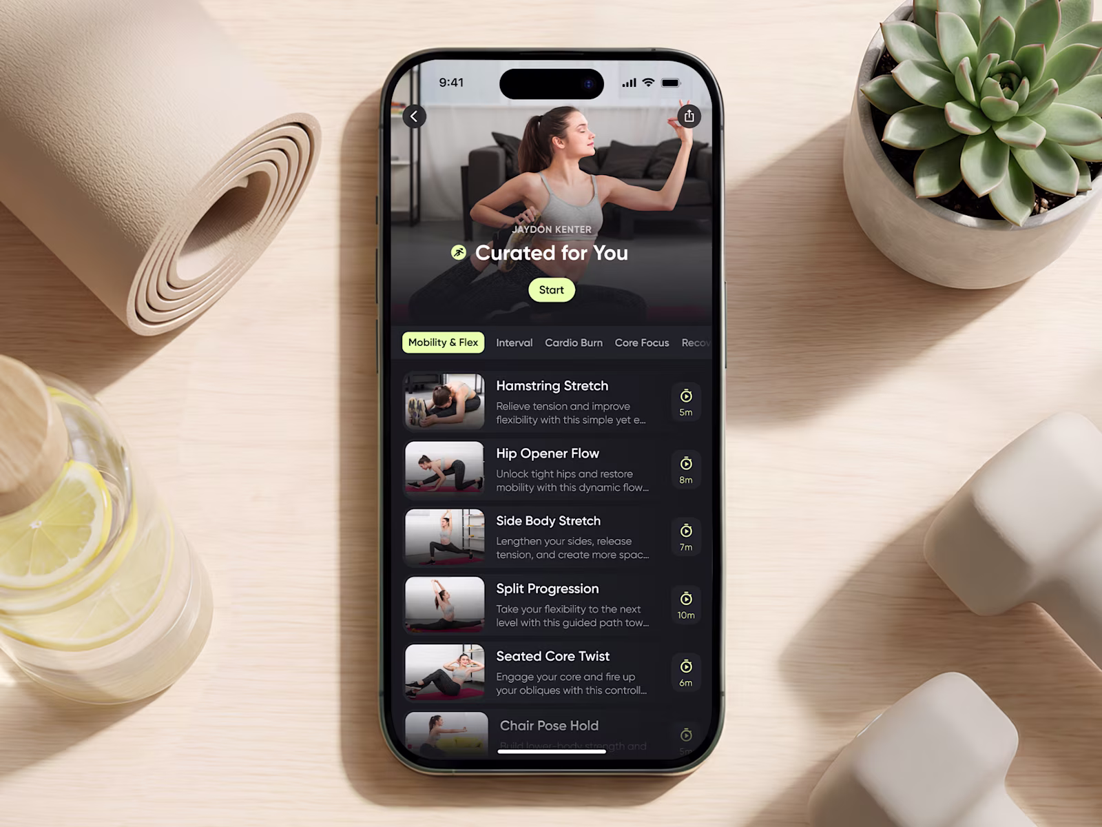 A Pulse workout plan curated for the user — mobility, cardio and core sessions.