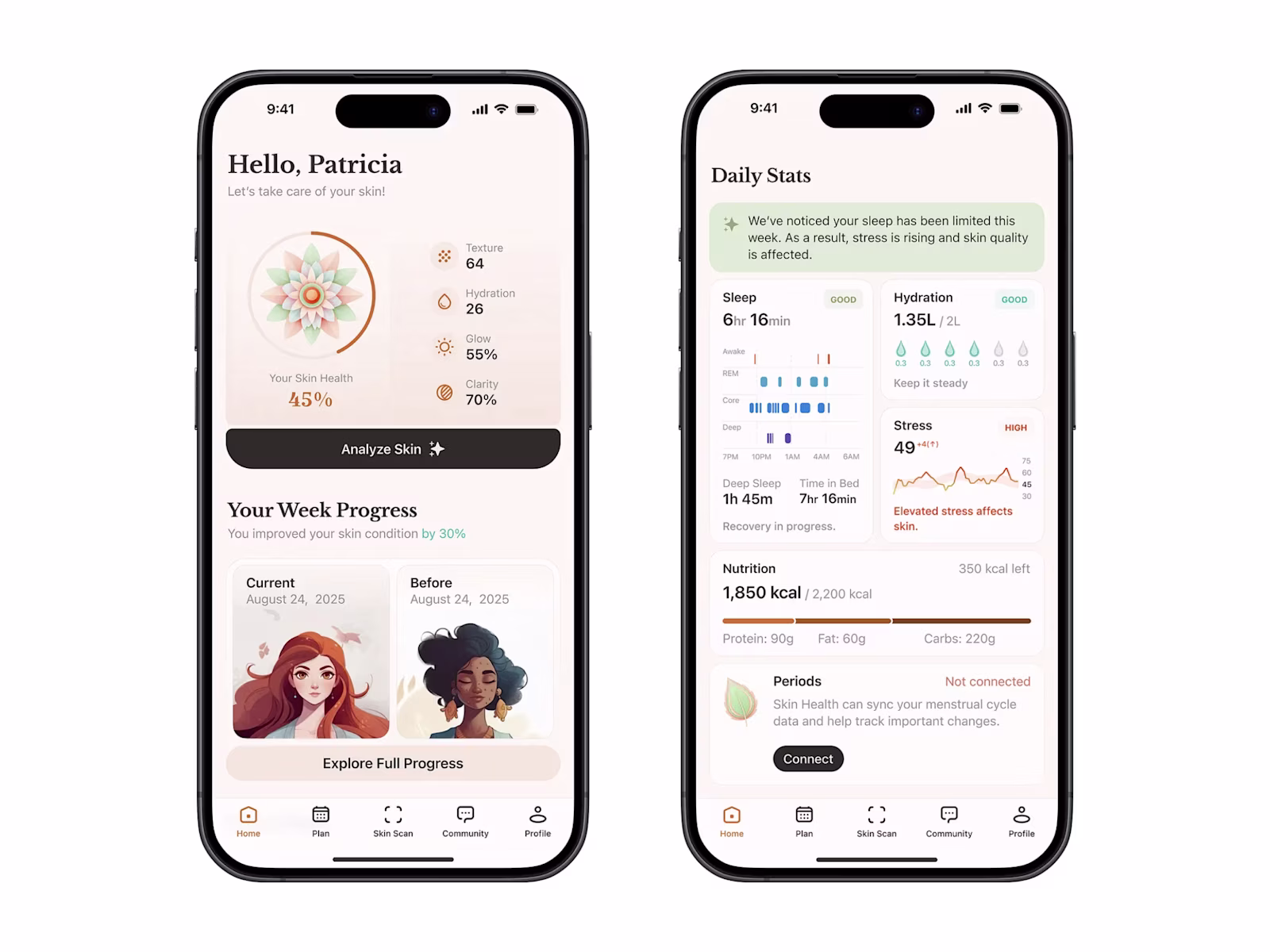 The AI Skin score dashboard beside the daily health metrics screen.