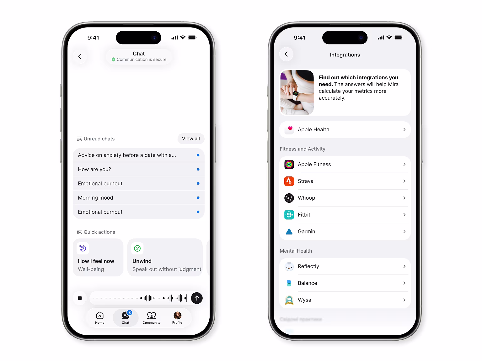 The Mira chat list beside health integrations — Apple Health, Strava, Whoop, Fitbit and Garmin.