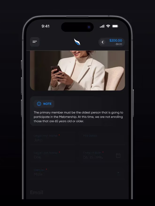 A member enrollment screen on iPhone