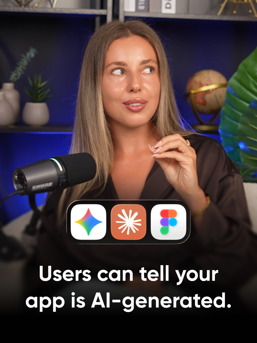 Valeria from Reliqio at a podcast microphone above the Gemini, Claude, and Figma logos, with the title "Users can tell your app is AI-generated."