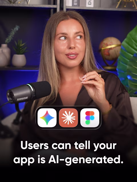 Valeria from Reliqio at a podcast microphone above the Gemini, Claude, and Figma logos, with the title "Users can tell your app is AI-generated."