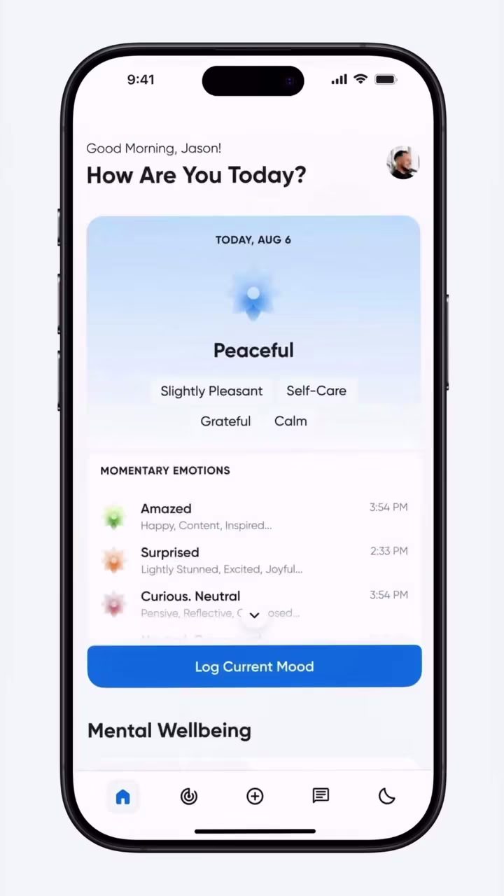 Screens of MND, an AI-powered mental health therapy app: goals, mood logging, and the home dashboard.
