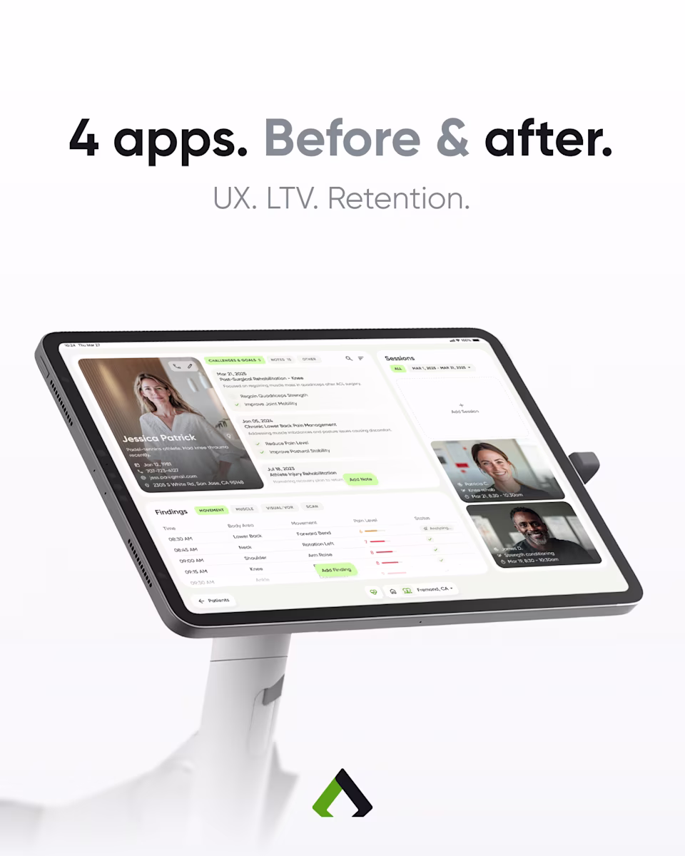 Title slide: “4 apps. Before & after.” over a tablet on a stand showing the redesigned NEU clinical dashboard.