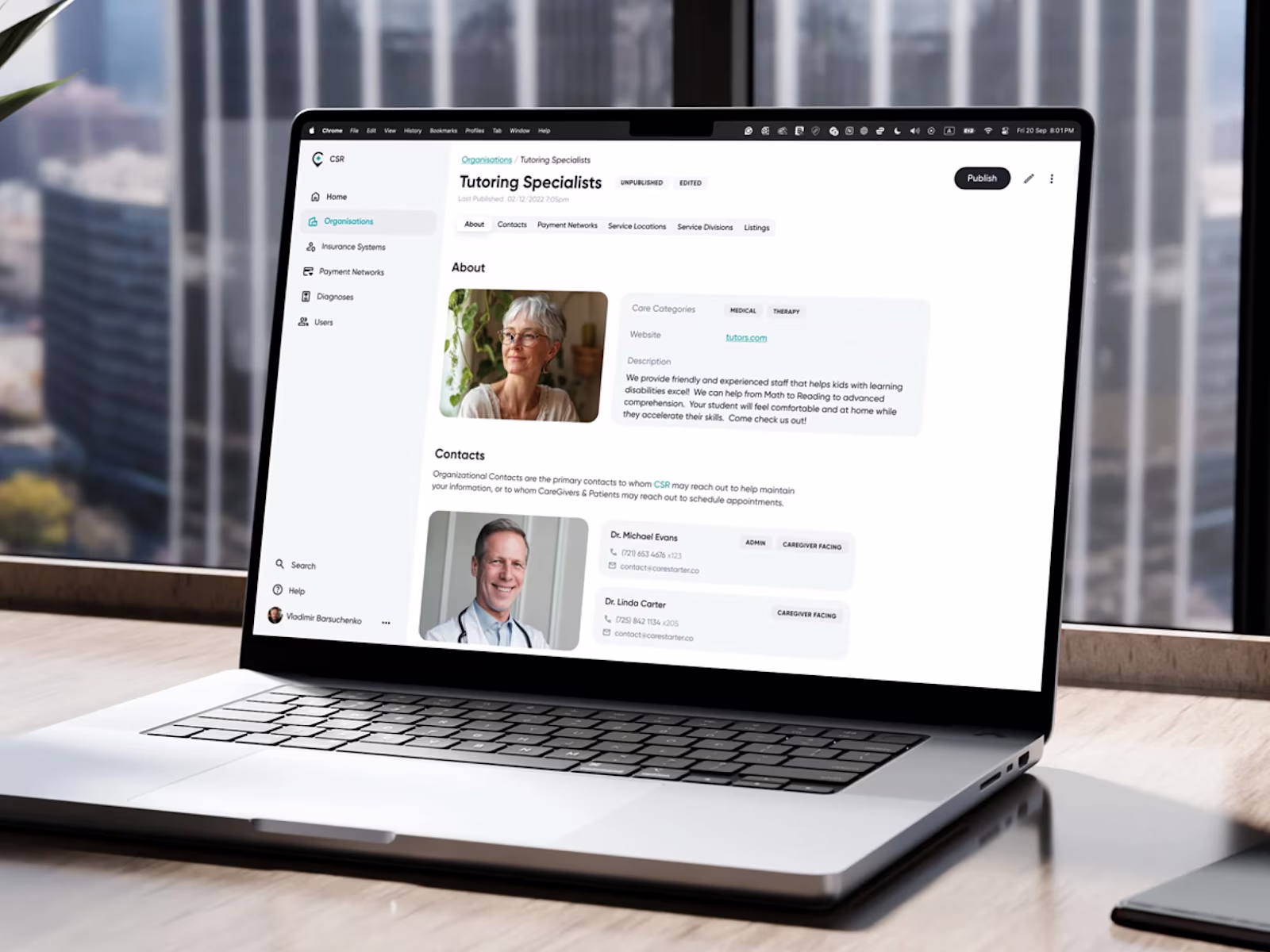 A CSR provider organisation profile with description and contacts, open on a laptop.