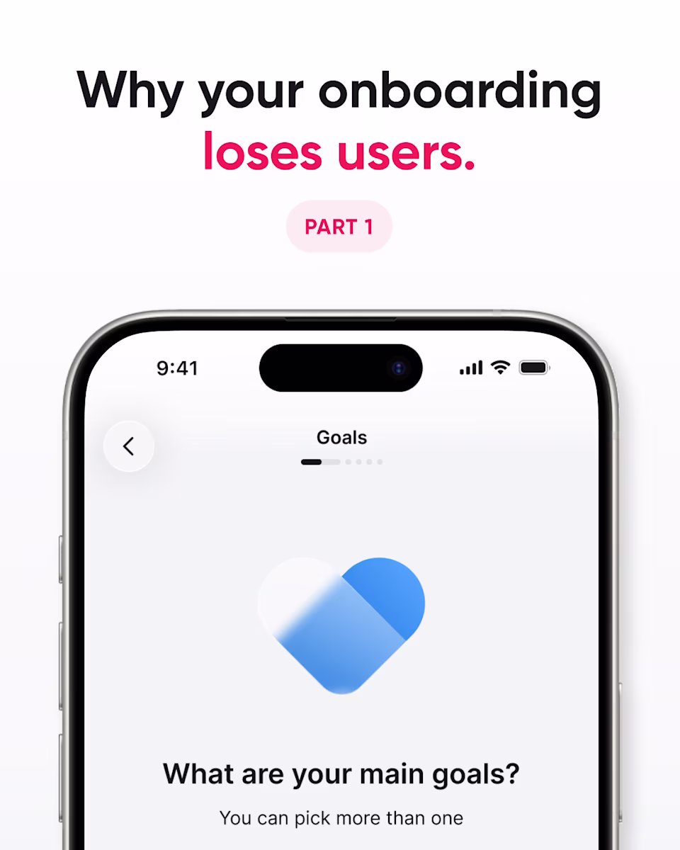 Cover: “Why your onboarding loses users. Part 1,” over a phone with an onboarding screen that asks “What are your main goals?”