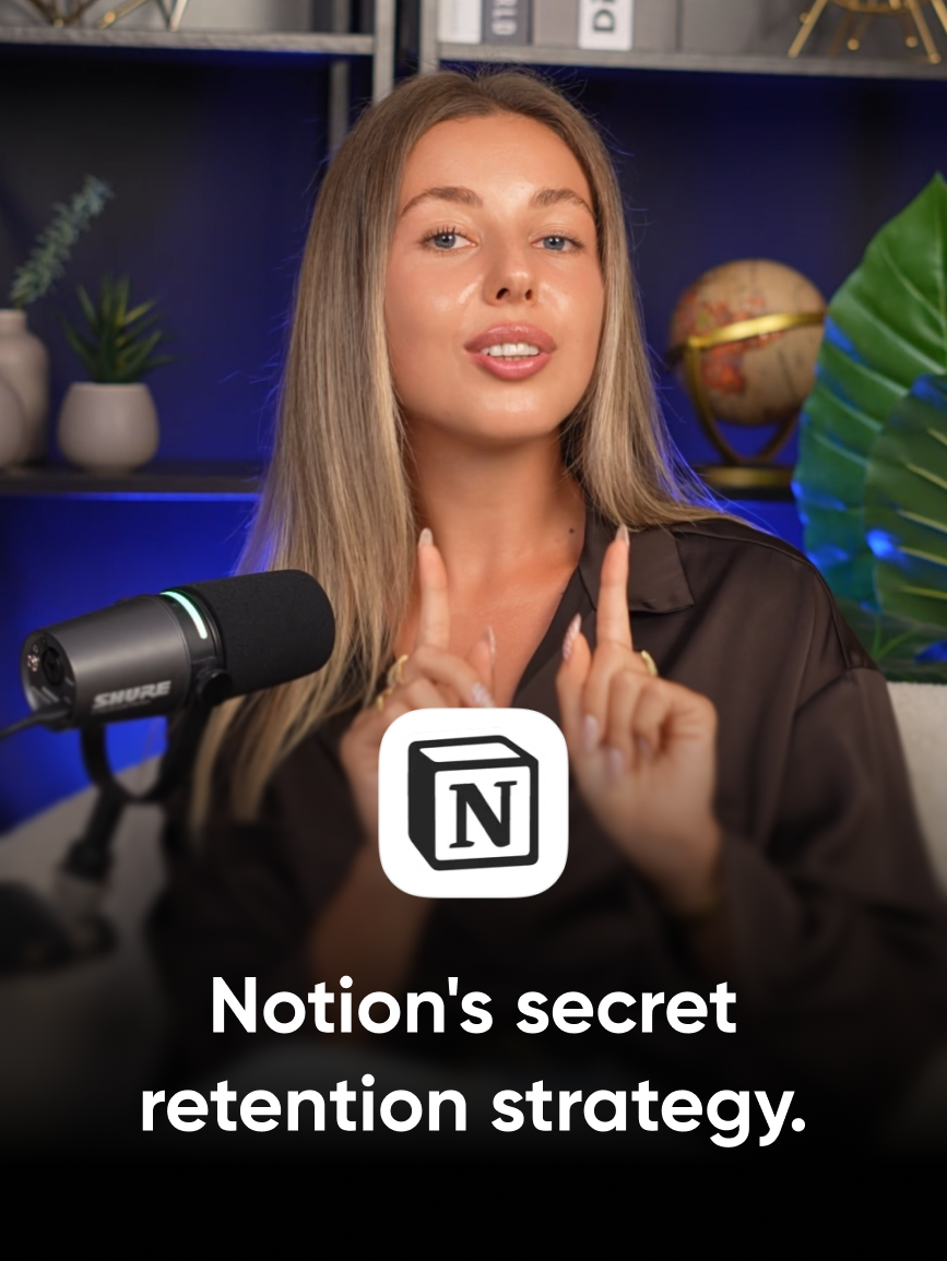 Valeria from Reliqio at a podcast microphone beside the Notion logo, with the title "Notion's secret retention strategy."