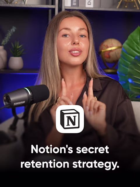 Valeria from Reliqio at a podcast microphone beside the Notion logo, with the title "Notion's secret retention strategy."
