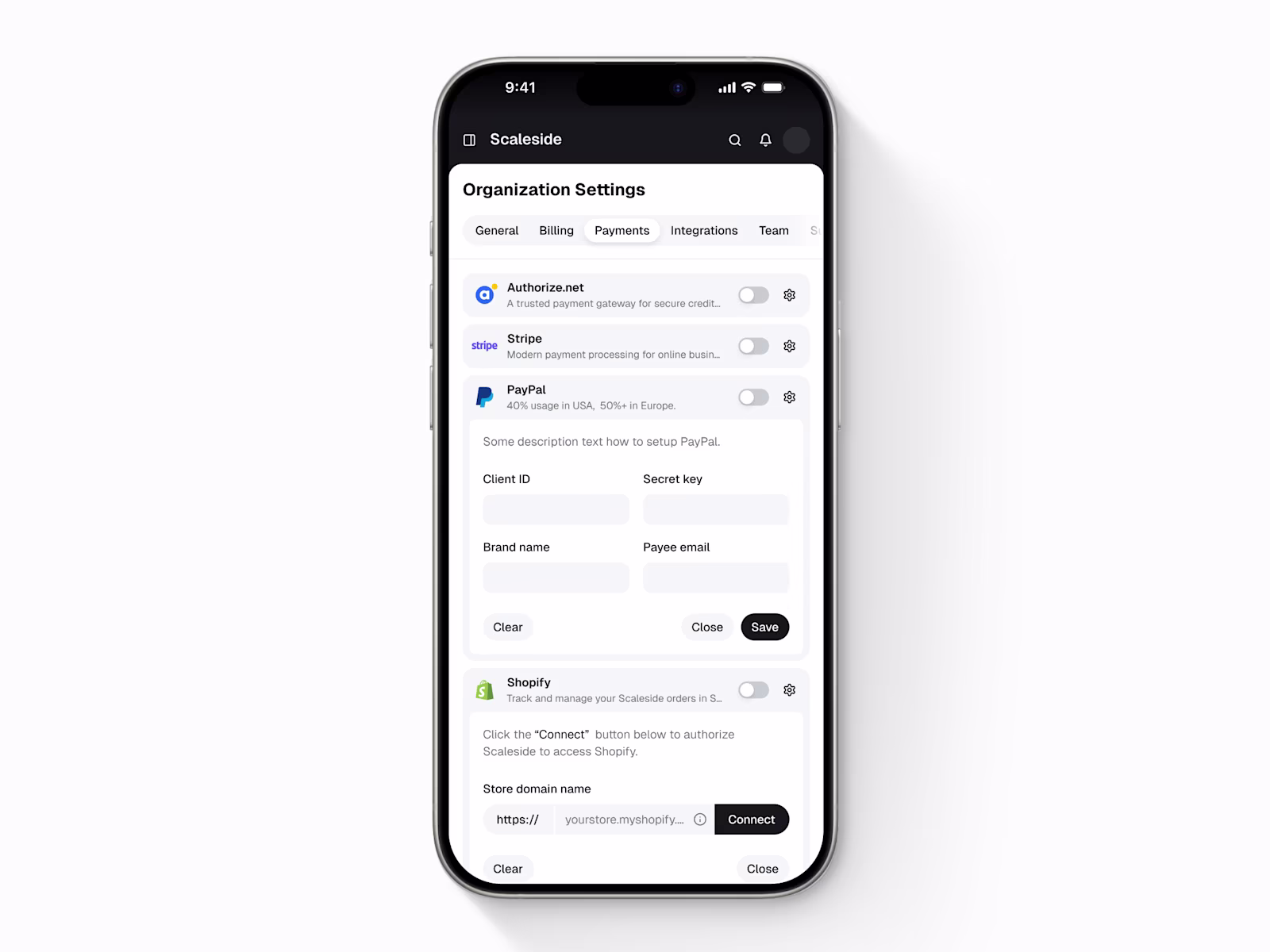 Scaleside mobile organization settings with Authorize.net, Stripe, PayPal and Shopify payment integrations.