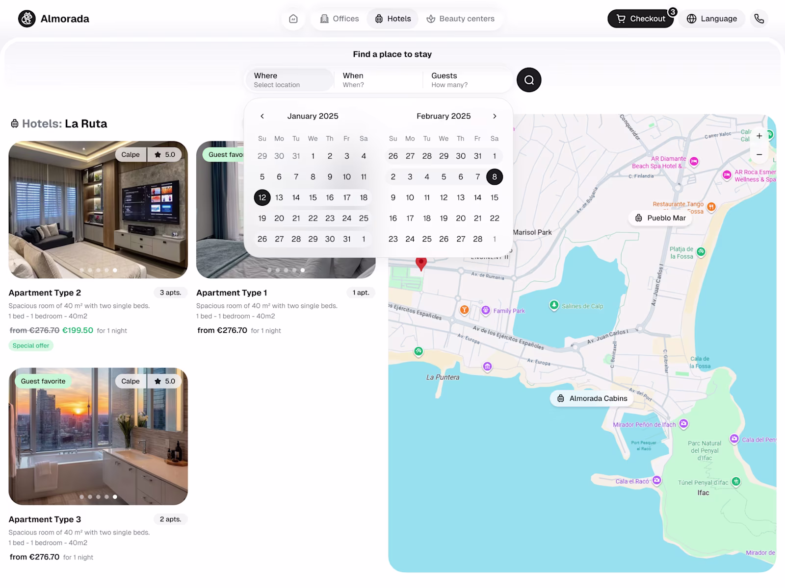 Almorada apartment search results with date picker and map of La Rata.