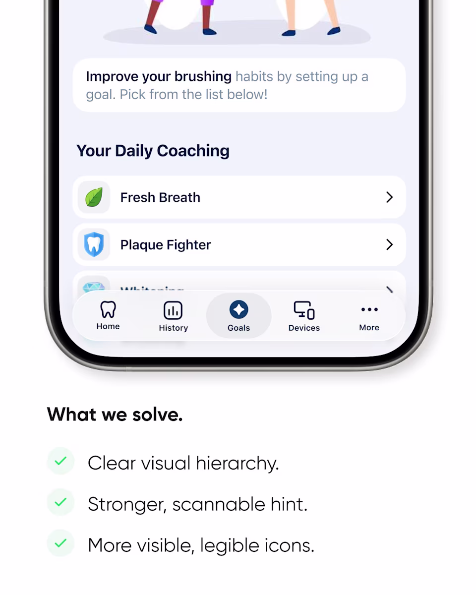 What we solved on the goals page: a clear visual hierarchy, a stronger hint, and more visible, legible icons.