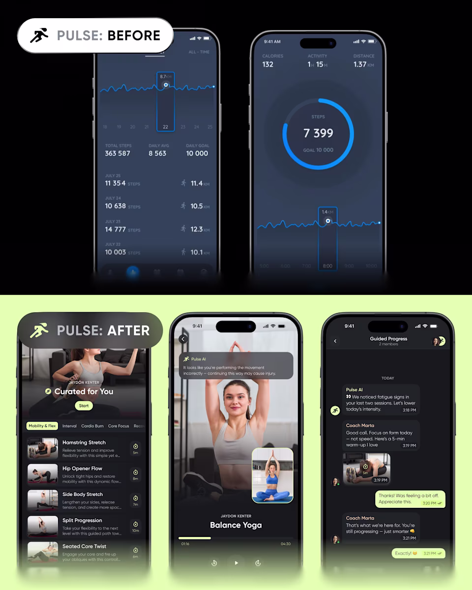 Pulse before and after: the old step-count screens, above the redesigned AI fitness app with curated workouts and a coaching chat.