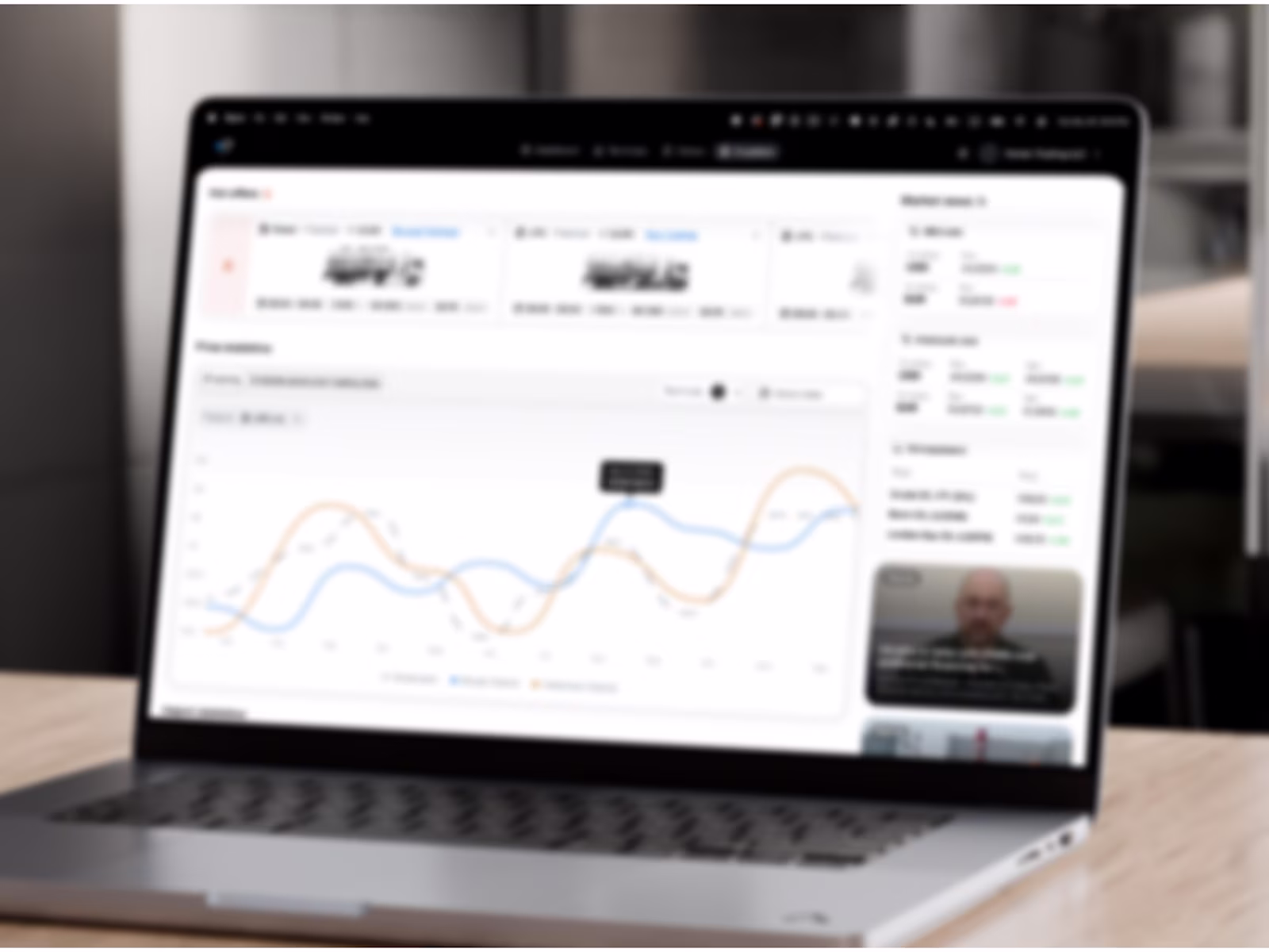GT price analytics chart on a laptop (blurred for NDA).