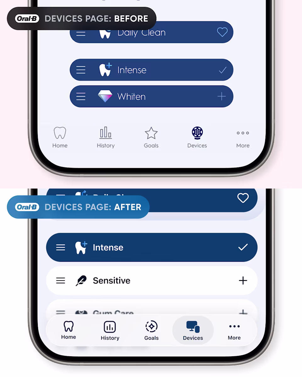 Oral-B devices page before and after: the cleaning modes list, and the redesigned list with the active mode set apart.