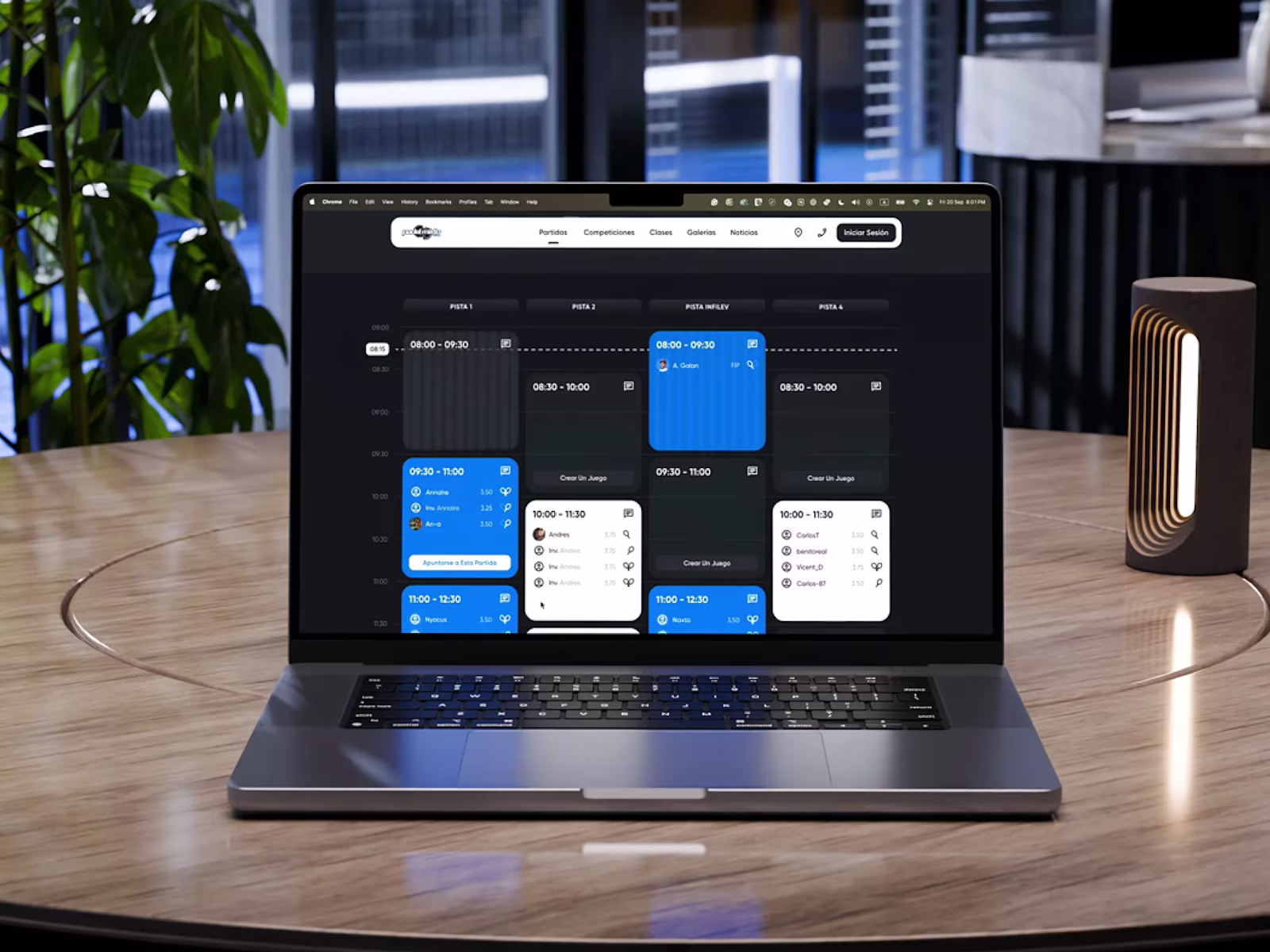 The Padel Mixto court booking grid shown on a laptop in a club setting.