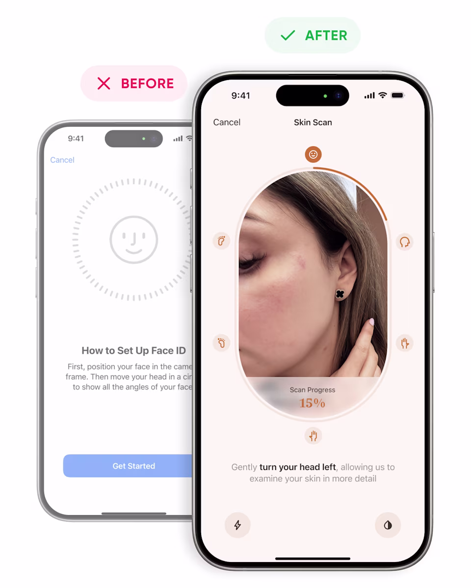 Before and after: the Face ID style circle next to the final oval skin scan, with scan progress at 15%.
