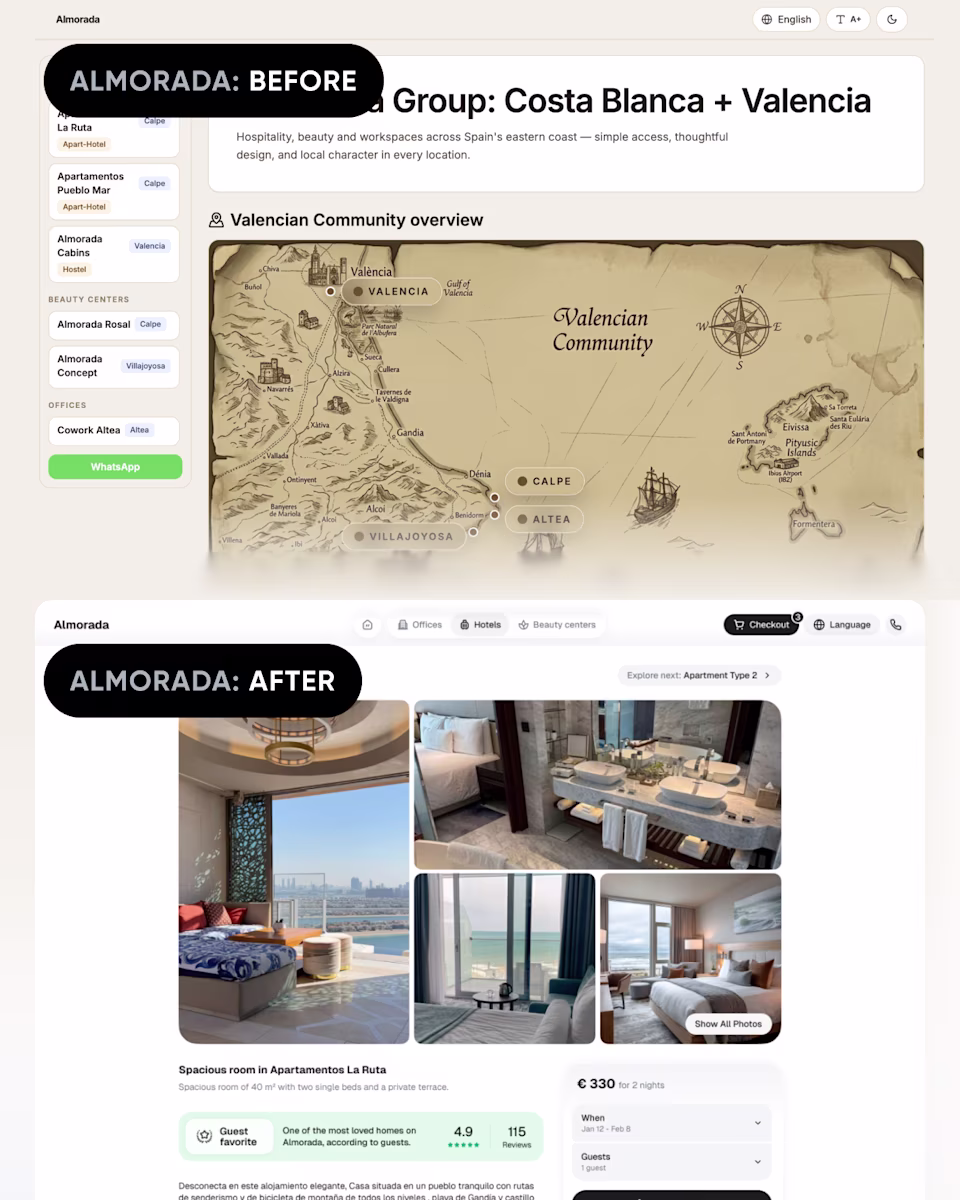 Almorada before and after: the old booking site with a map of the Valencian Community, above the redesigned hotel booking pages.
