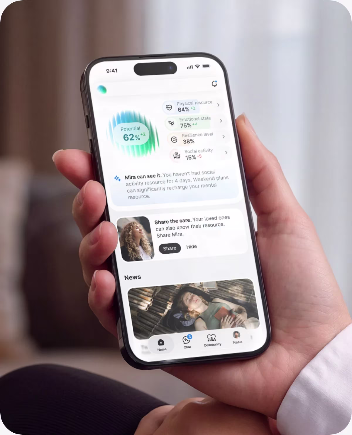 Mira, a mental wellbeing app, held in a hand