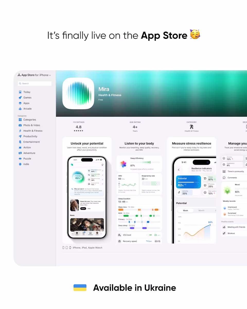 Mira’s App Store page with the line “It’s finally live on the App Store,” available in Ukraine.