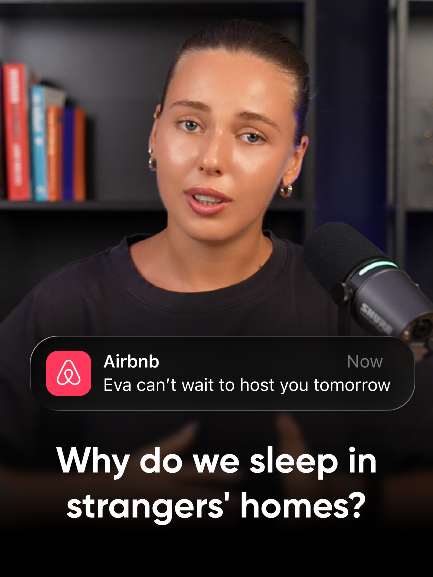 Valeria from Reliqio at a podcast microphone beside an Airbnb notification reading "Eva can't wait to host you tomorrow," with the title "Why do we sleep in strangers' homes?"