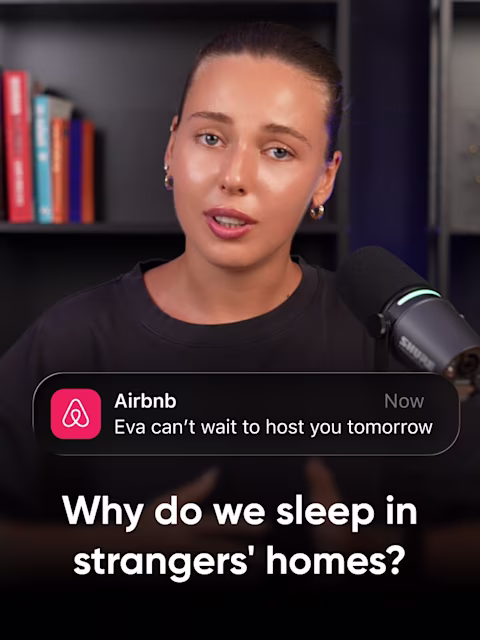 Valeria from Reliqio at a podcast microphone beside an Airbnb notification reading "Eva can't wait to host you tomorrow," with the title "Why do we sleep in strangers' homes?"